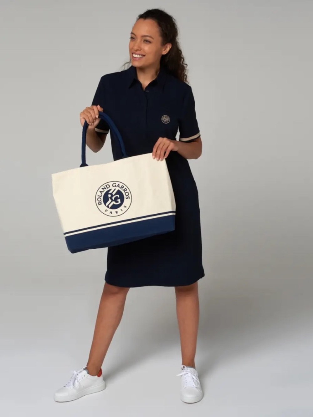Roland Garros Fabric Shopping Bag, Ecru and Navy